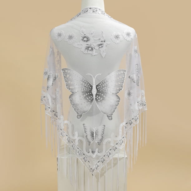 29.5"×55.1" Triangle Scarf Butterfly Flower Embroidery Lace Tassel Shawl Elegant Breathable Windproof Wrap Outdoor Accessories