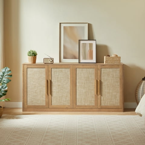 M&Ms - 67"" Rattan 4-Door Buffet Cabinet, Boho Sideboard, Large Credenza Sideboard Buffet For Living Room, Hallway And Kitchen, Caramel Oak, 67''W X 15.75''D X 31.5''H.