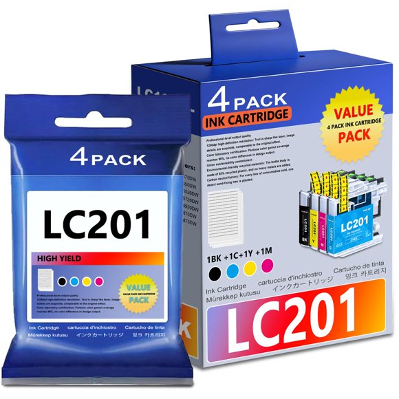 Paquete combinado de cartuchos de tinta TANFENJR LC201 de alto rendimiento, 4 piezas