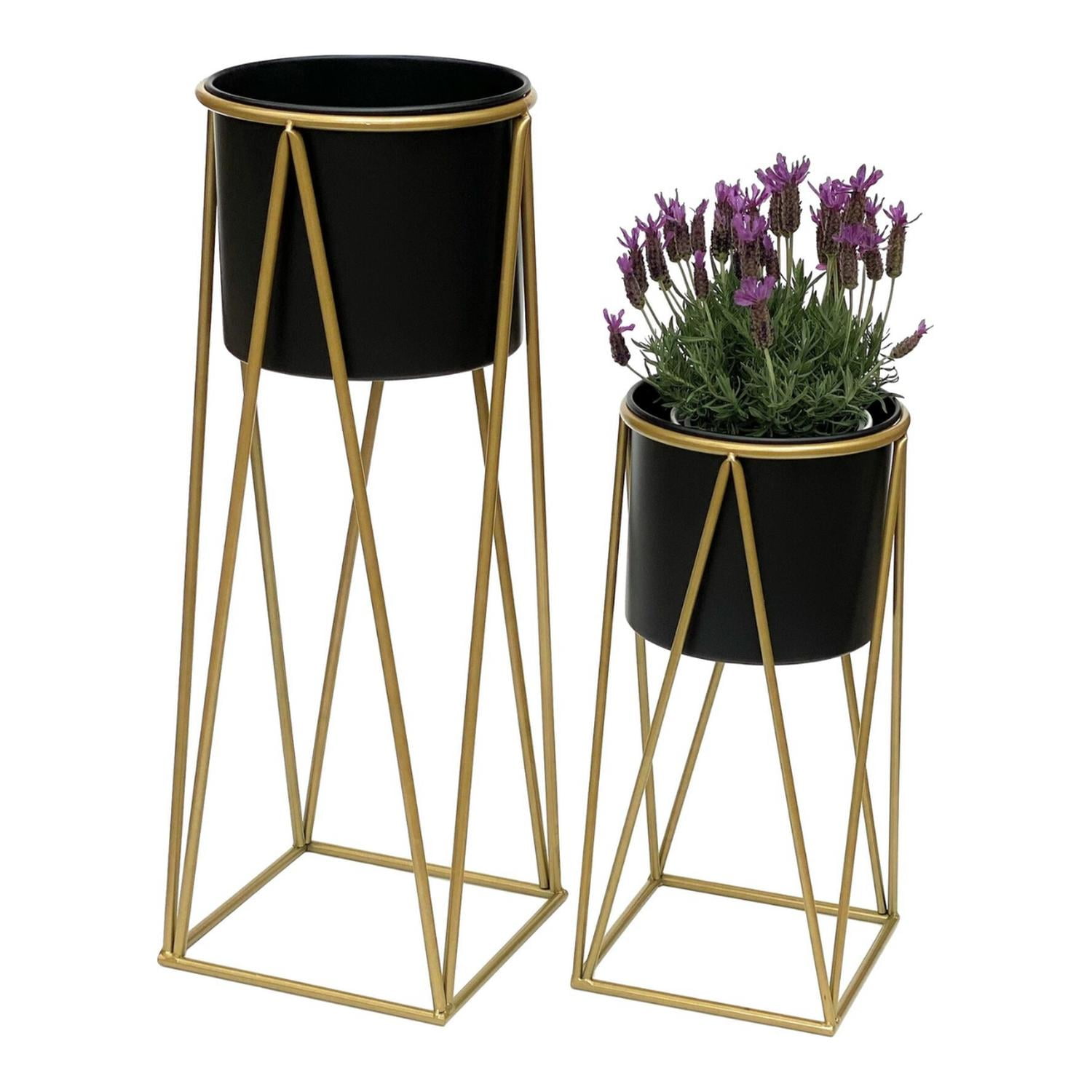 Fliperex - Set 2 Porta Maceteros Pedestal Maceta Plantas Negro Dorados