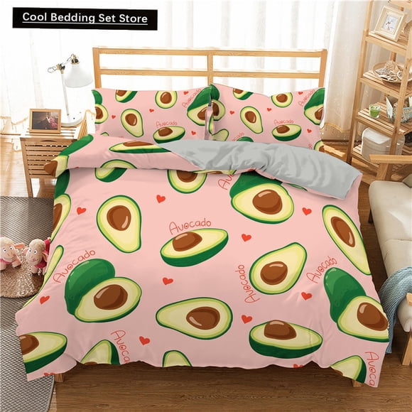 Green Avocado Duvet Cover Cartoon Avocados Bedding Set Fruits Quilt Cover Tropical Plant Polyester Comforter Cover Bed Sheets