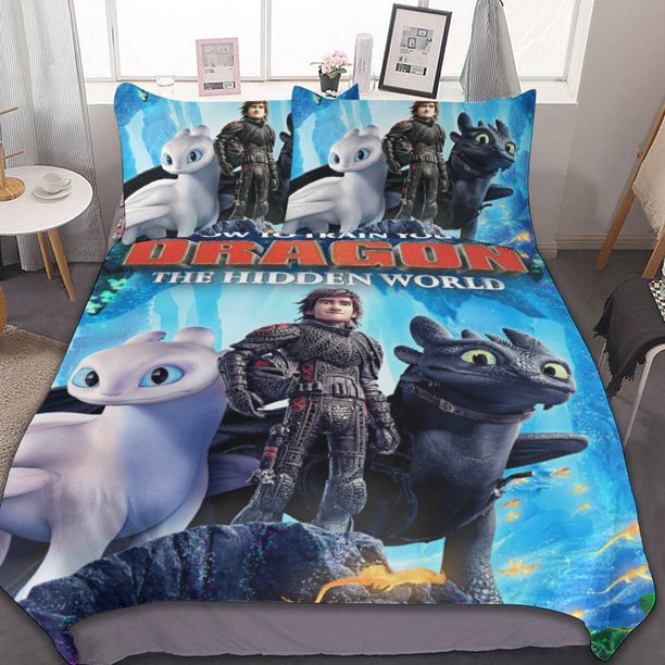 How to Train Your Dragon 3-Piece Bedding Set Duvet Cover Set Soft Warm And Comfortable Soft Bed Set for Bedroom