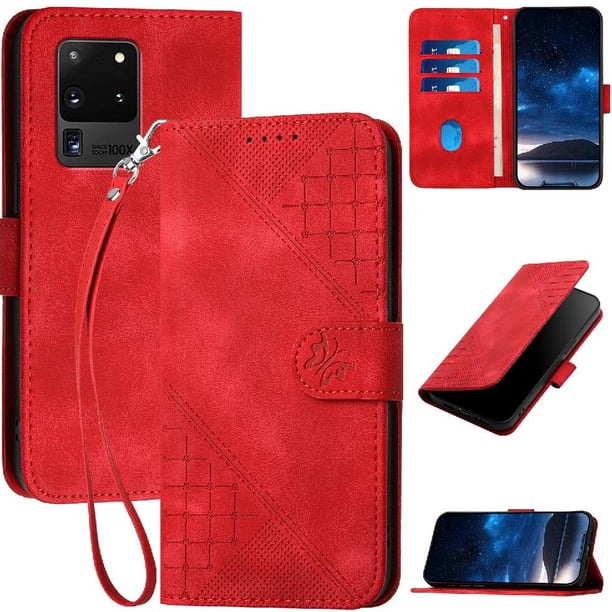 Funda Flip Premium Fibra de Carbono para Samsung Galaxy S20 Ultra con Soporte y Cierre Rojo