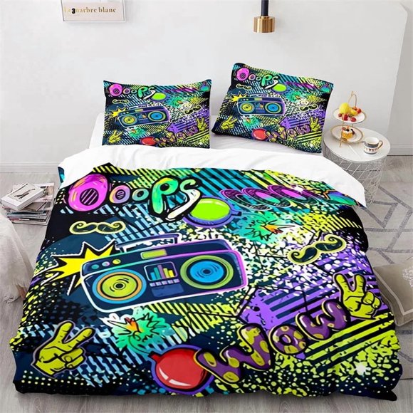 v261 Bed Sheets Graffiti Hip Hop Modern Street Art Bedding Set,Duvet Cover Bed Set Quilt Cover Pillowcase,King Queen Twin Size Boys Girls Adults 3-Piece Bedding Set (1 Duvet Cover + 2 Pillow Shams) Be