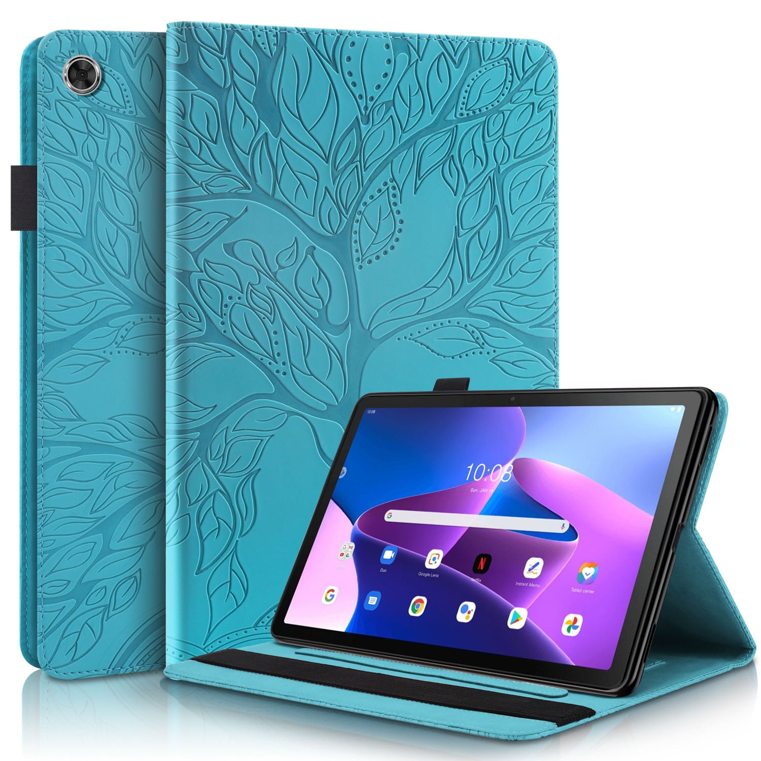 Foxdock - Funda Con Relieve Del Árbol De La Vida Para Tablet Lenovo Tab M10 Plus(3rd Gen) Con Soporte, Ranuras Para Tarjetas Y Soporte Para Lápiz Óptico. Azul