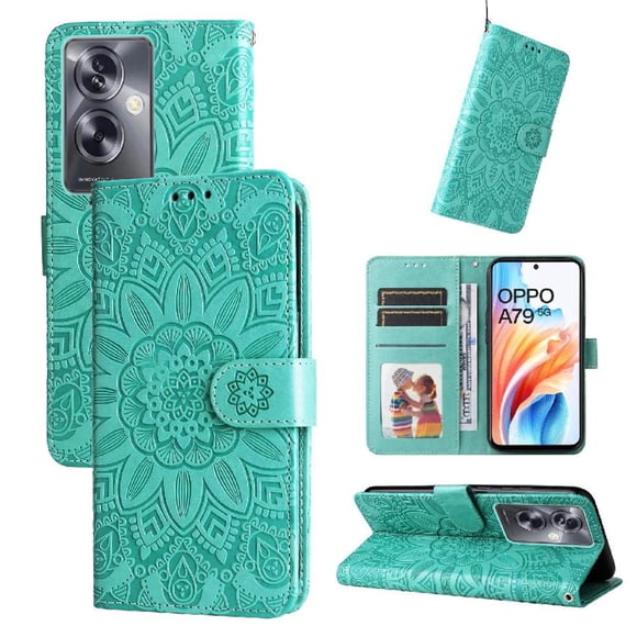 Funda tipo cartera FOXDOCK para OPPO A79 5G , diseño girasol en relieve, cuero PU, cierre magnético, soporte y tarjetero