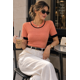thumbnail image 2 of Polera Rib Mujer Tejida Manga Corta Cuello Redondo Bicolor naranja Talla Única, 2 of 3