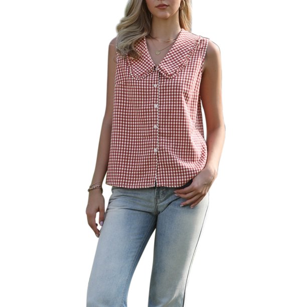 INSPIRE CHIC Lindos Tops sin Mangas de Cuadros Vichy para Mujeres con Cuello Peter Pan y Volantes, Blusa Abotonada M Roja