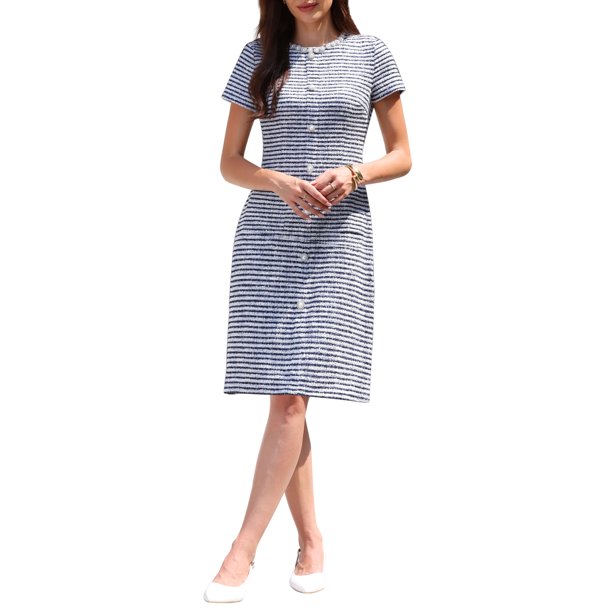 INSPIRE CHIC Vestido de Tweed para Mujer de Manga Corta con Cuello Redondo y Decoración de Perlas para Cóctel y Boda, Talla M, Azul Blanco