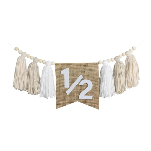 Banner de Trona para 1/2 Cumpleaños, Decoración para Fiesta de Cumpleaños, Celebración Infantil, Guirnalda de Borlas de Cuentas de Madera Decorativas Blanco