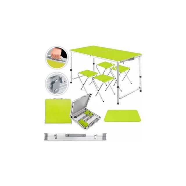 Genérico - Mesa Plegable Tipo Portafolio 1.20 M Con 4 Sillas Portátiles Color Verde