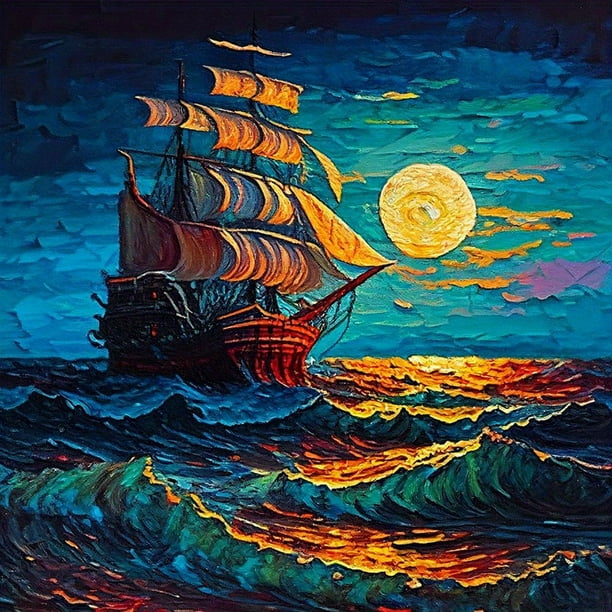 Sailboat Diamond Painting Kits For Adults 5D Diamond Art Kit For Beginners, DIY Paint With Round Full Diamonds Paintings Gem Art For Home Wall Decoration Gift (25x25cm/10x10inches)