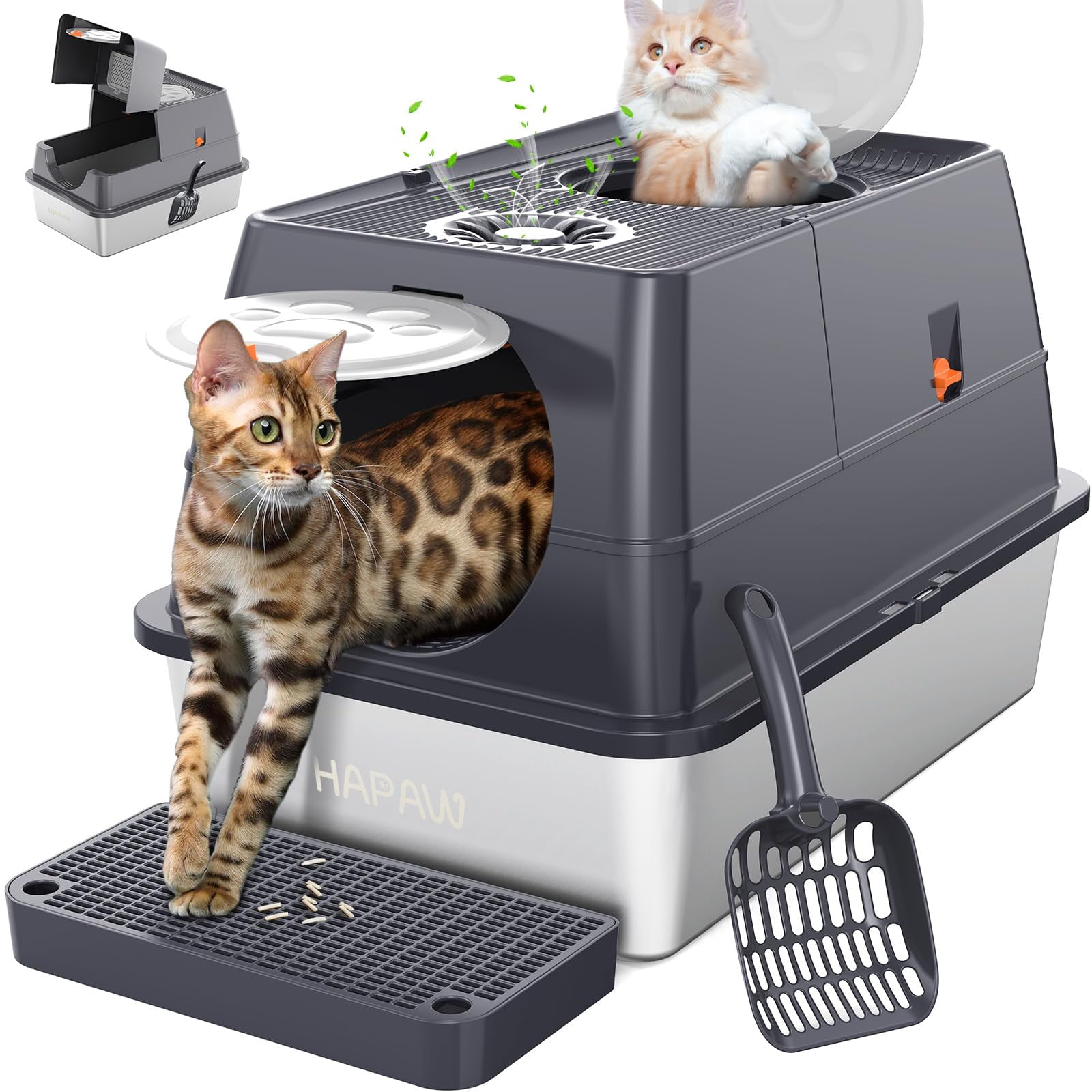 Caja De Arena Para Gatos Hapaw De Acero Inoxidable Con Tapa Abatible Extra Grande