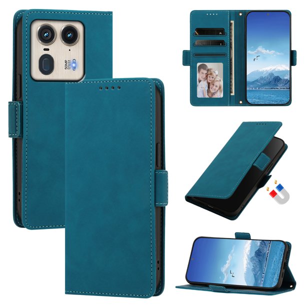 Funda Billetera Delgada para Motorola Edge 50 Ultra 5G con Ranuras y Soporte Azul lago