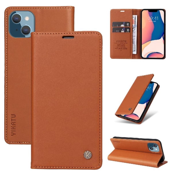 Funda Billetera de Cuero para iPhone 14 Plus con Tarjetero y Soporte - Tapa Magnética Marrón