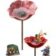 thumbnail image 1 of Estaca jardín flor metal hecha mano mini baño pájaros estación agua polinizadores regalo único, 1 of 7