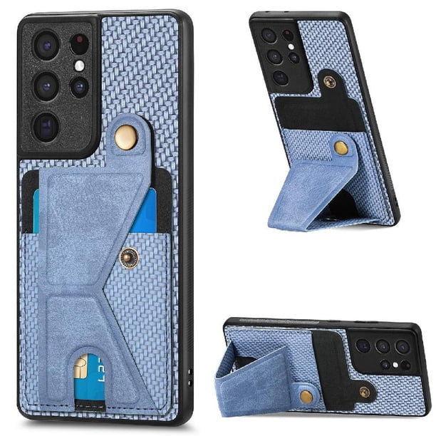 Funda Resistente para Samsung Galaxy S21 Ultra con Tarjetero y Soporte, Diseño Magnético Azul