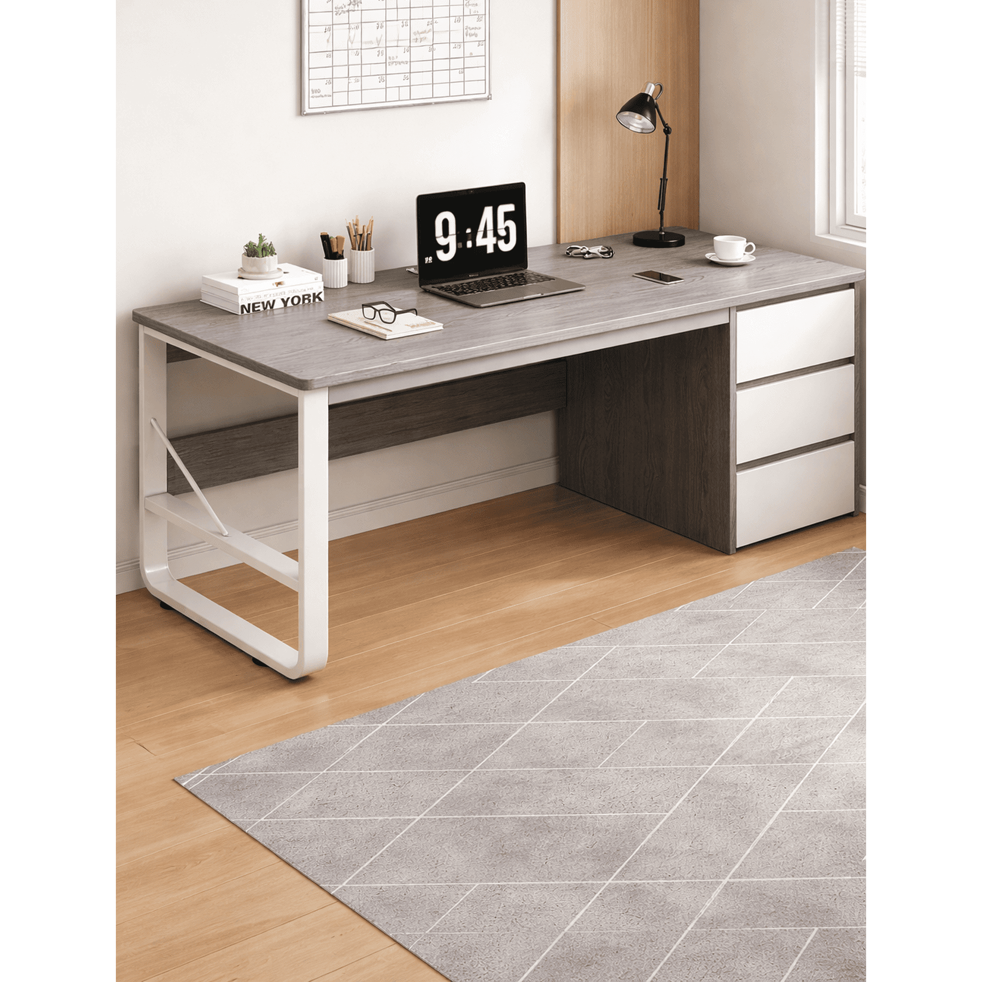 Space Home - Escritorio 120 Cm Blanco/gris Con Cajonera Y Estructura Metálica