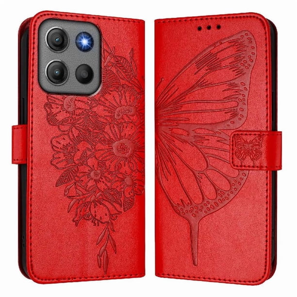 Funda Cartera Mariposa Para Motorola Moto G17 Power Con Soporte Y Ranuras Para Tarjetas Rojo
