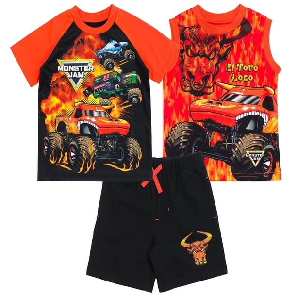 Monster Jam Grave Digger El Toro Loco Megalodon para niños pequeños, Mix N' Match, camiseta deportiva sin mangas, pantalones cortos de felpa francesa, conjunto de 3 piezas naranja/negro 4T