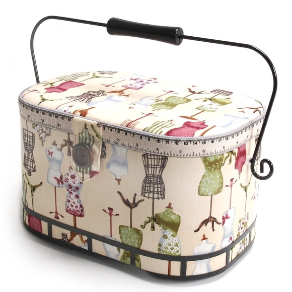 Cesta de costura Dritz ovalada grande con mango de metal con estampado vintage