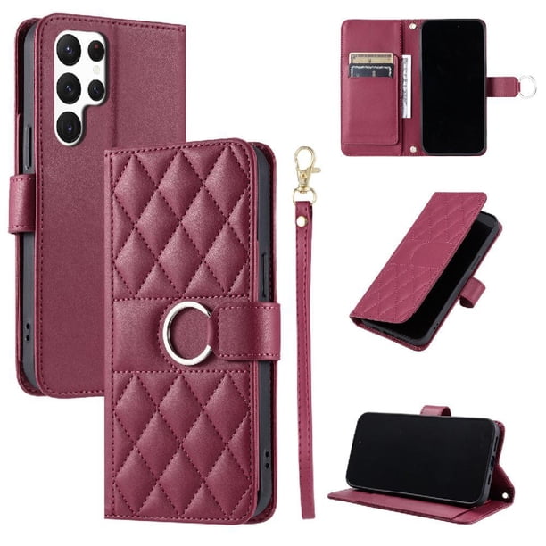 Funda Acolchada con Anilla y Correa para Samsung Galaxy S23 Ultra Slots para Tarjetas Rojo