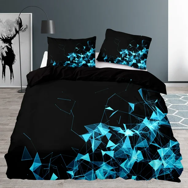 v2264 Bed Sheets Black Duvet Cover Queen Size,Bedroom Abstract Blue Geometric Pattern Quilt Cover with Pillowcase Bedding Set 3-Piece Bedding Set (1 Duvet Cover + 2 Pillow Shams) Bed Sheets ju2264