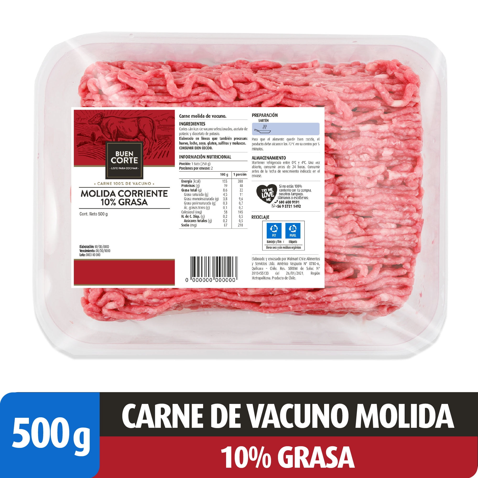 Carne Molida De Vacuno 10% Grasa Bandeja 500 gr El Buen Corte