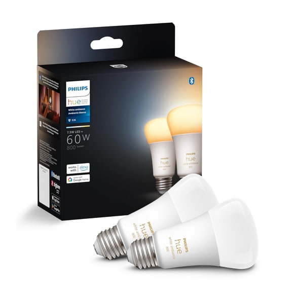 Paquete de 2 bombillas LED Philips Hue Smart A19 White Ambiance de 9 W