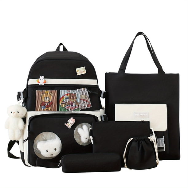 5pcs Backpack Crossbody Bag Handbag Drawstring Bag And Pen Bag Set, Ultralight Burden Reduction Schoolbag Set, Cute Bear Pendant Backpack, Women's Men's Backpack, Preppy Large-capacity Travel Bag