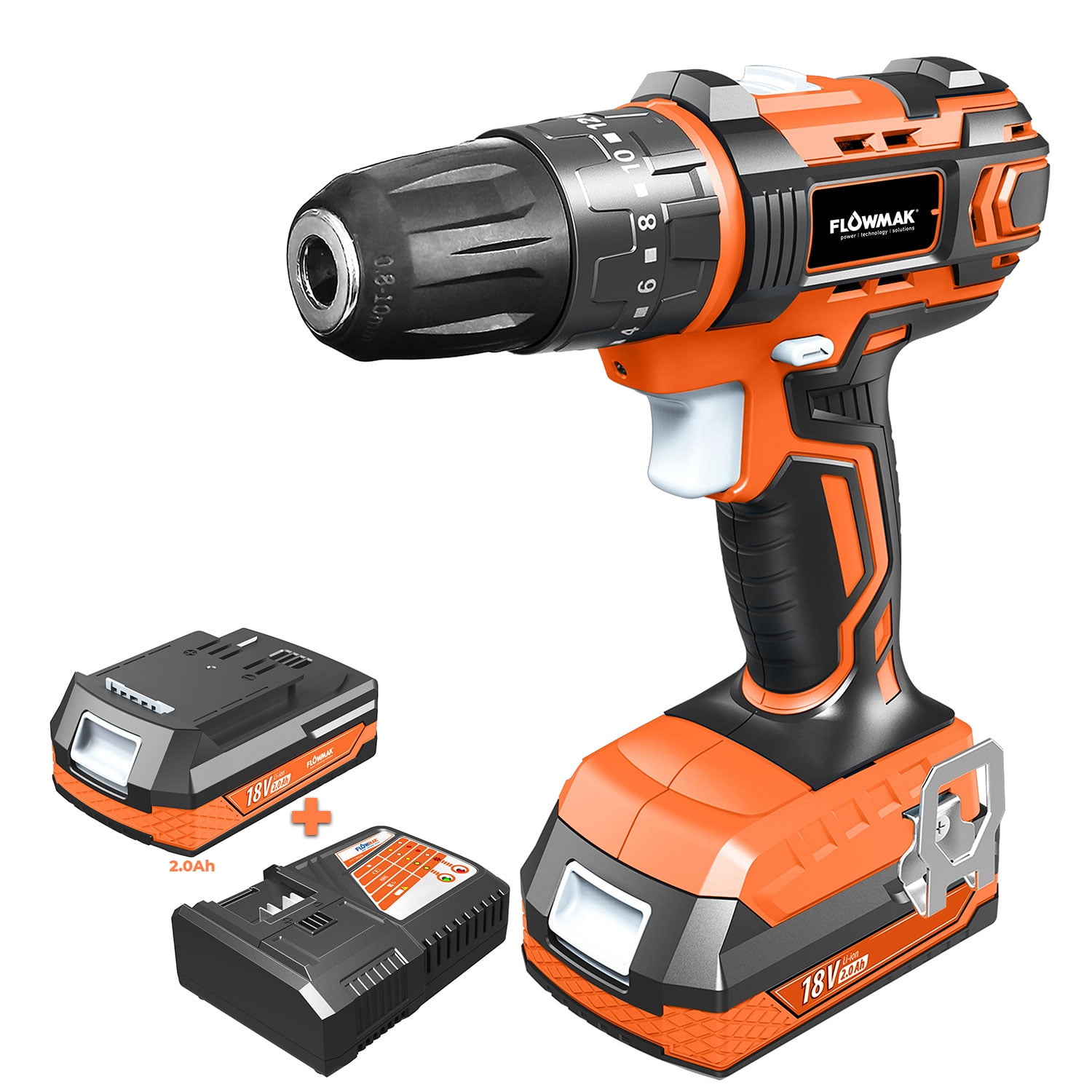 Taladro Percutor Atornillador 10mm 18v + Accesorios, Flowmak