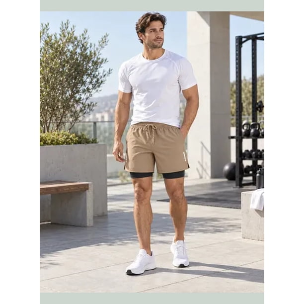 Short Deportivo Running Hombre 2 En 1 Con Calza Interior Beige