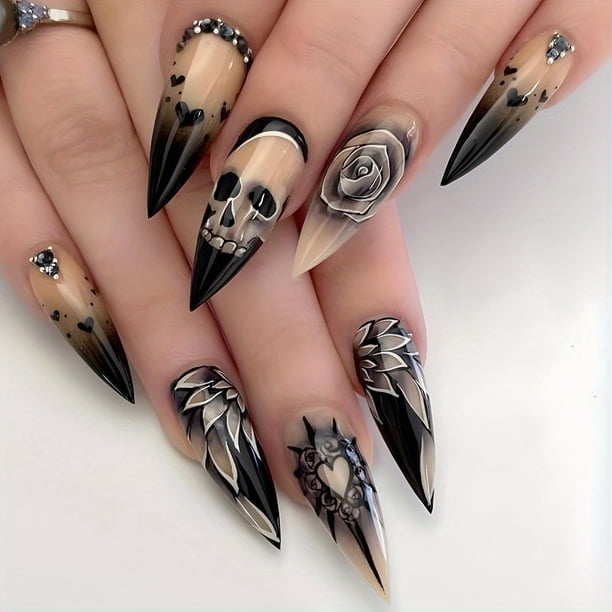 Halloween 24 Pcs Glossy Almond Press On Nails Black Ombre French Style False Nails With Rose Flower Skull And Shining Rhinestone Design Reusable Fake Nails