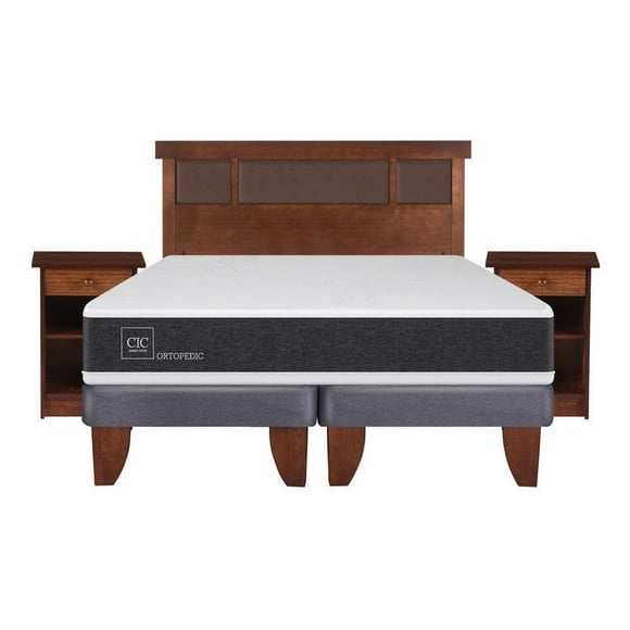 Cama Europea New Ortopedic 2 Plaza Base Dividida + Set Dormitorio Dublin Caramelo (2 Veladores y Respaldo)
