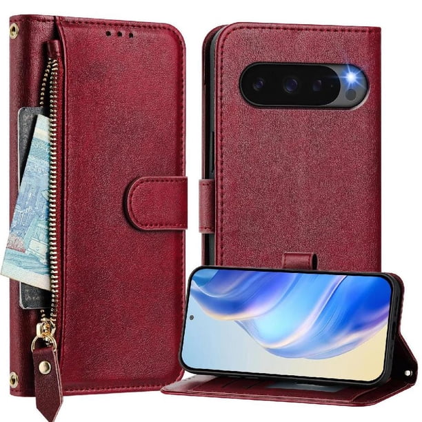 Funda Billetera Cremallera para Google Pixel 10 Pro XL 5G con Porta Tarjetas, Soporte y Correa Rojo