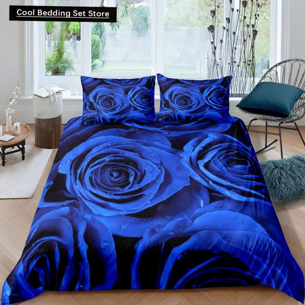 x430 Bed SheetsBlue Rose Floral Duvet Cover Blossom Flowers Bedding Set Valentine's Day Quilt Cover Botanical Comforter Cover 3-Piece Bedding Set (1 Duvet Cover + 2 Pillow Shams) nj430