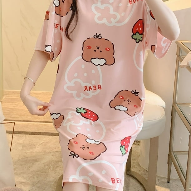 Cartoon Bear Strawberry Pattern Nightdress, Loose & Comfort Short Sleeve Crew Neck Pajamas Dress, Women's Sleepwear & Dresses
