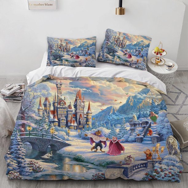 Princess and Beast Cartoon Duvet Cover Set 100% Microfiber Bedding Set Skin-Friendly 3 Piece Comforter Cover Set for a Comfortable Sleep
