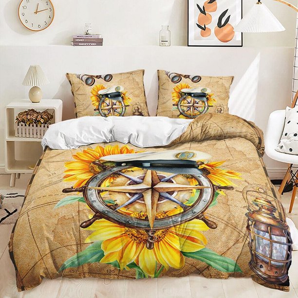 Rudder Sunflower World Map Voyage Quilt Duvet Cover Set Home Textiles3-Piece Bedding Set