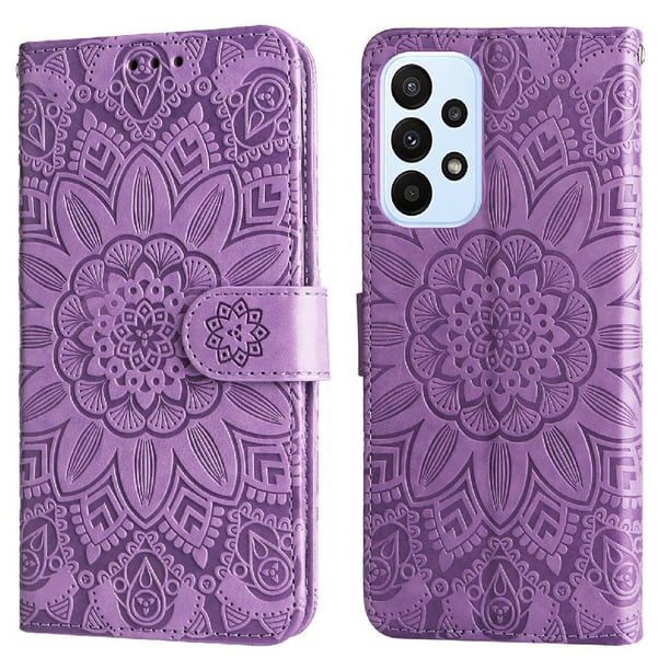 Funda tipo cartera FOXDOCK para Samsung Galaxy M23 5G , diseño girasol en relieve, cuero PU, cierre magnético, soporte y tarjetero