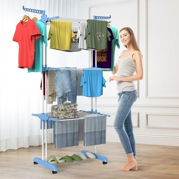 Tendedero De Ropa Tipo Torre Con Ruedas, 4 Niveles, Acero, Plegable, Azul (73 X 64 X 177 Cm)