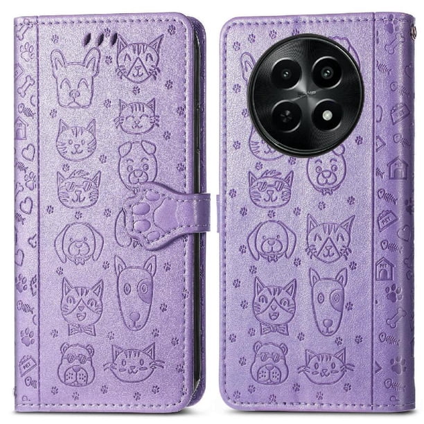 Funda Cartera FOXDOCK para Realme 12 , Flip PU con Relieve de Gatos y Perros, Tarjetero y Soporte