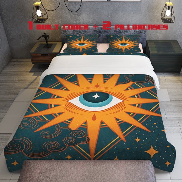 3pcs Retro Art Themed Bedding Set with Vibrant Sun & Eye Design Includes 1 Comforter & 2 Pillowcases (Covers Only) Polyester Machine Washable