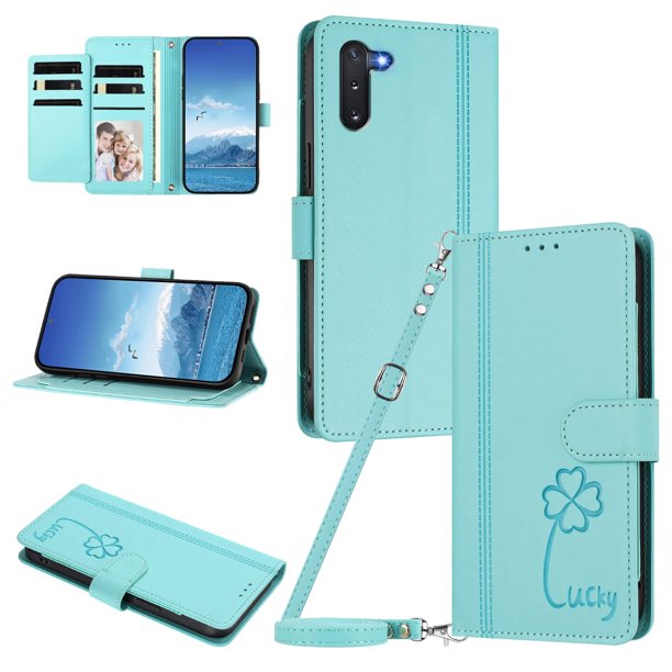 Funda Cartera Trébol para Samsung Galaxy Note 10 con Ranuras Tarjetas y Carga Inalámbrica Verde menta