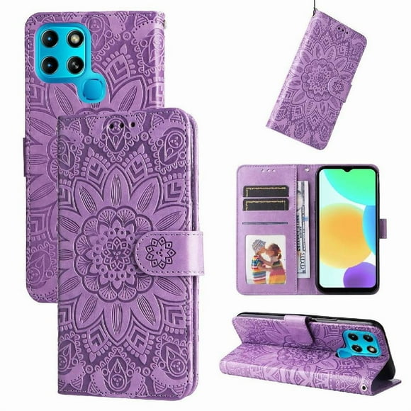 Funda tipo cartera FOXDOCK para Infinix Smart 6 , diseño girasol en relieve, cuero PU, cierre magnético, soporte y tarjetero