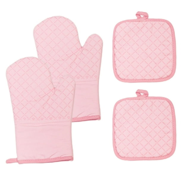 Guantes y agarraderas para horno resistentes al calor - 4 guantes de algodón y agarraderas para horno con agarre de silicona antideslizante y brazo largo