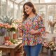 thumbnail image 3 of Agnes Orinda Blusas Peplum con Volantes de Manga 3/4 con Cuello en V Floral para Mujer de Talla Grande 1X Naranja Negro, 3 of 8