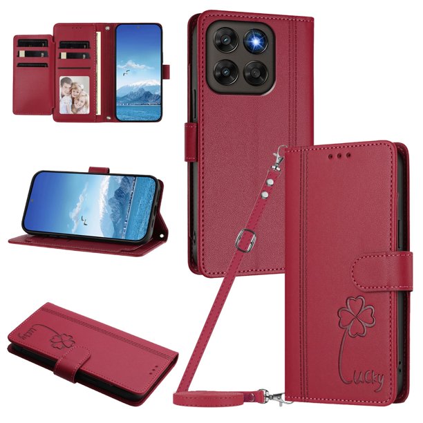 Funda Cartera Trébol para Motorola Moto G67 con Ranuras Tarjetas y Carga Inalámbrica Rojo