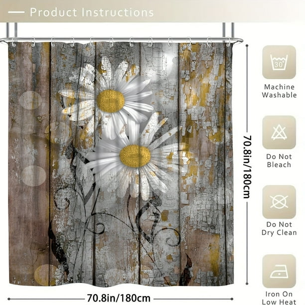 1pc Daisy Floral Shower Curtain, Waterproof Shower Curtain With 12 Hooks, Non-Slip Bathroom Rug, Toilet U-Shape Mat, Toilet Lid Cover, Bathroom Decor