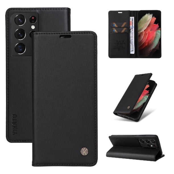 Funda Billetera de Cuero para Samsung Galaxy S21 Ultra con Tarjetero y Soporte - Tapa Magnética Negro